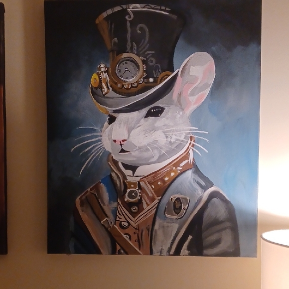 Original Acrylic Painting Signed By Me! Steampunk Mouse- Black Gray Brown